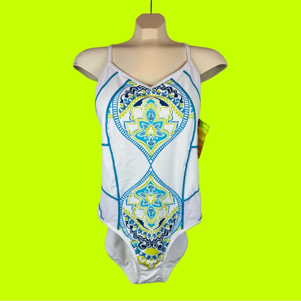 Athleta 1 Piece Bathing Suit Built In Bra White Lotus Design UV Protection Large - Picture 3 of 13